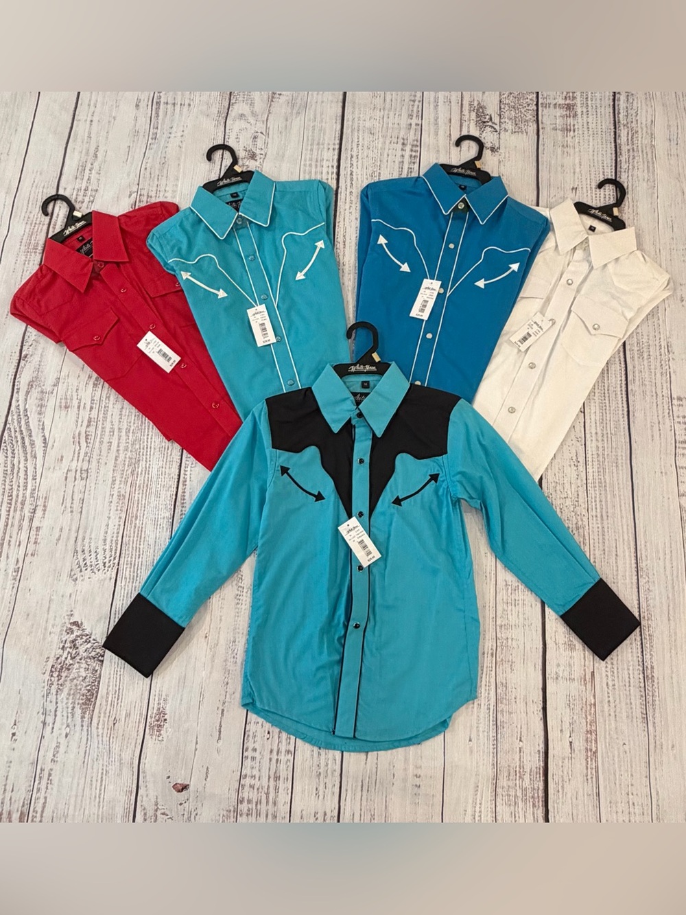 Set of 5 Pearl Snap White Horse Western Shirts Unisex Medium Red, White, Blue